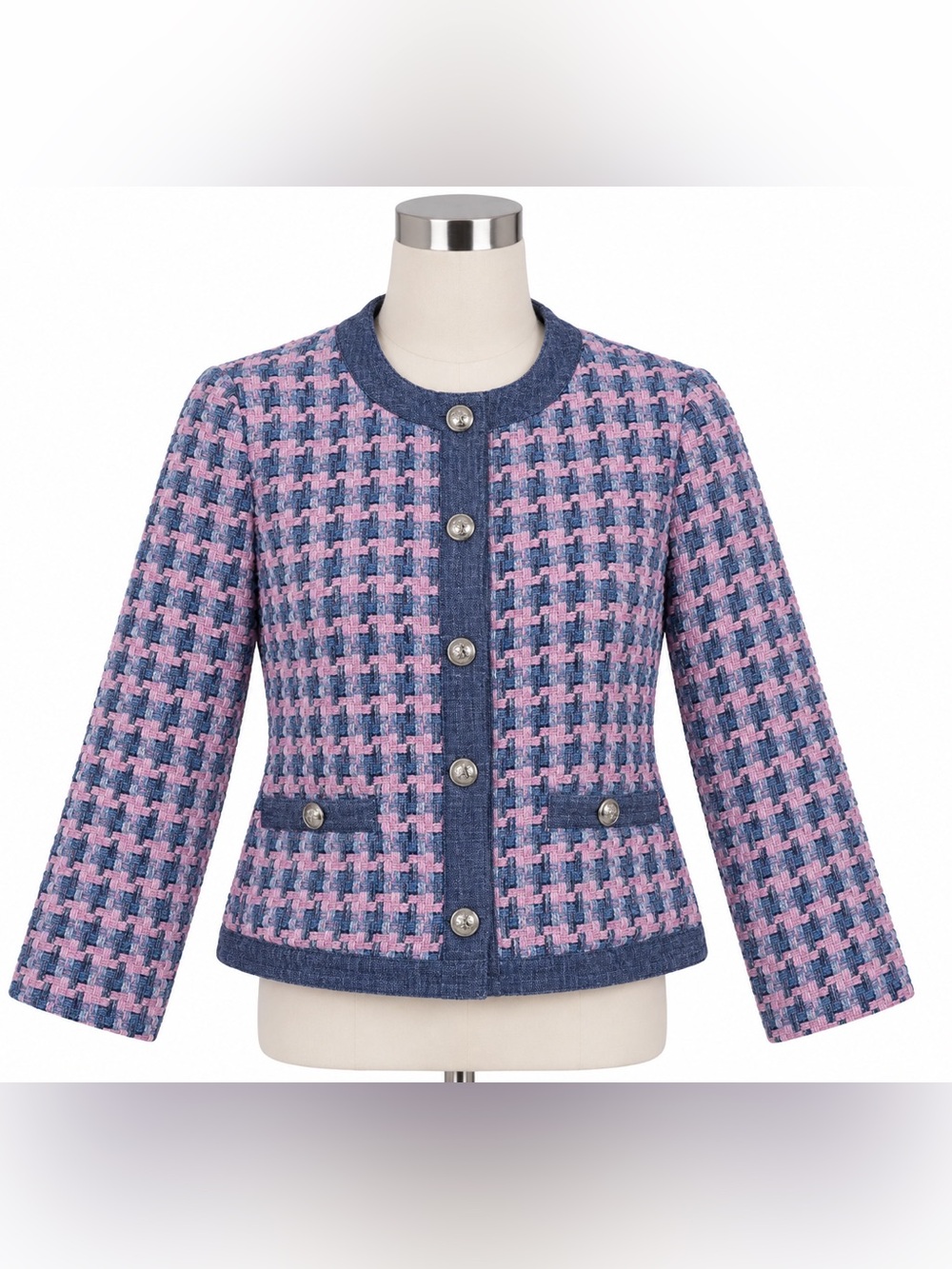 Talbots Jacket Womens 12 Blue Pink Tweed Button Front Preppy Blazer Classic